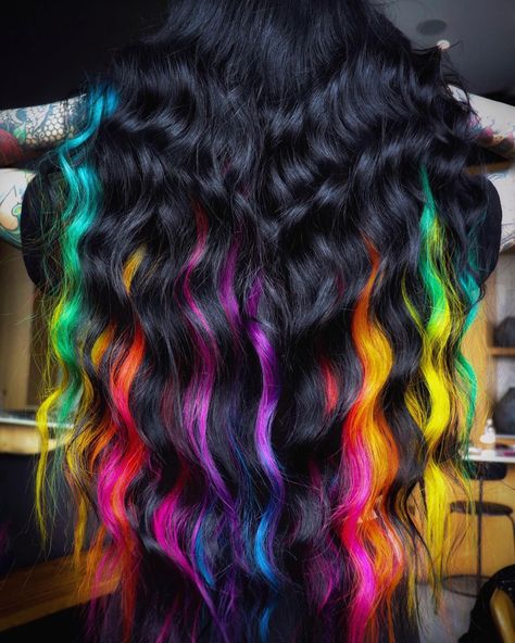 Rainbow Underneath Hair, Space Buns Hair, Sky Blue Hair, Hair Aesthetics, Hair Color Underneath, Hair With Highlights, Rainbow Hair Color, Candy Hair, Multi Colored Hair