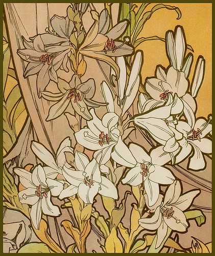 Mucha, Alphonse 'Les Fleurs-The Lily' 1898 | Plum leaves | Flickr Plum Leaves, Arte Aries, Fleurs Art Nouveau, Art Nouveau Mucha, Art Nouveau Tattoo, Motifs Art Nouveau, Nouveau Tattoo, Illustration Art Nouveau, Alphonse Mucha Art