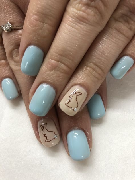 Spring Easter Pale Pastel Blue & Tan Chocolate Bunny Bling Butt Gel Nails Easter Blue Nails, Easter Nails By Skin Tone Range, Easter Bunny Ideas, New Nails Design, Nails Design Spring, Shower Nails, Bunny Ideas, Nail Red, Nails Easter