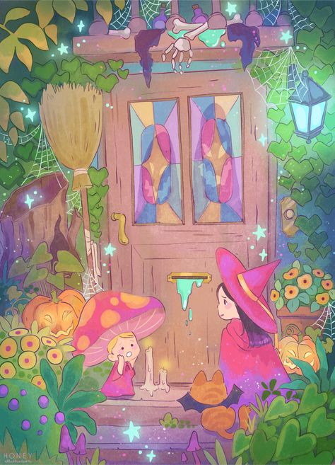 Happy halloween 🎃 :: Behance Set Design Drawing, Plant Character, Witch School, Mysterious Forest, Halloween Fairy, Fairy Illustration, Fairy Princesses, Spooky Halloween, Animation Art