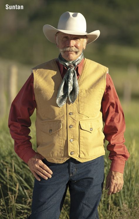 American Made Canvas Vest w/ berber fleece lining. http://www.schaefer-ranchwear.com/314-wyoming-mesquite-vest.html Filson Vest Outfit, 1960s Cowboy, Mens Western Vest, Filson Vest, Outfit Vaquero, Cowboy Vest, Mens Vest Casual, Canvas Vest, Western Vest