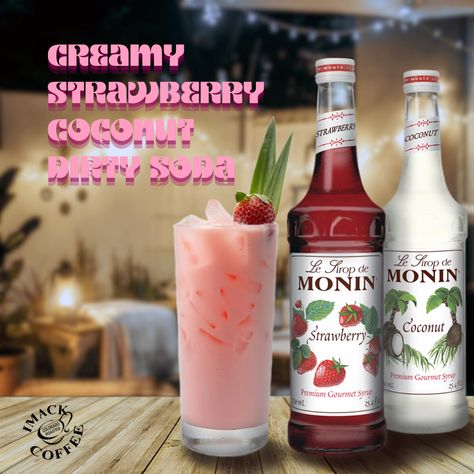 INGREDIENTS: 1/4 oz. Monin Coconut Syrup / 1/4 oz. Monin Strawberry Syrup / 6 oz. lemon-lime soda / 1 oz. cream / Strawberry, and pineapple leaves to garnish // INSTRUCTIONS: 1) Fill serving glass full of ice. 2) Pour ingredients into serving glass in order listed. 3) Pour mixture into mixing tin and back into serving glass to mix. 4) Add garnish and serve! Monin Syrup Recipes, Monin Recipes, Strawberry Syrup Recipes, Monin Syrup, Pineapple Leaves, Syrup Recipes, Coconut Syrup, Soda Recipe, Lemon Lime Soda