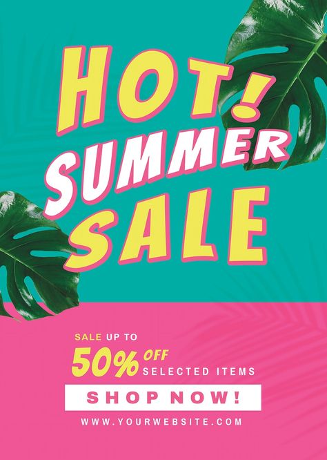 50% off hot summer sale template promotion advertisement | free image by rawpixel.com / Cuz Sale Flyer Design, Summer Sale Poster, Poster Sale, Design For Social Media, Summer Sale Banner, Sale Template, Summer Giveaway, Summer Promotion, Plant Background