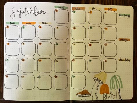 Journal Ideas Calendar Layout, Bullet Journal Calendar Layout Monthly, Calendar Layout Ideas, September Bullet Journal Calendar, November Bullet Journal Calendar, Bullet Journal Calendar Layout, September Calendar Ideas, Mushroom Bullet Journal, Bullet Journal Review