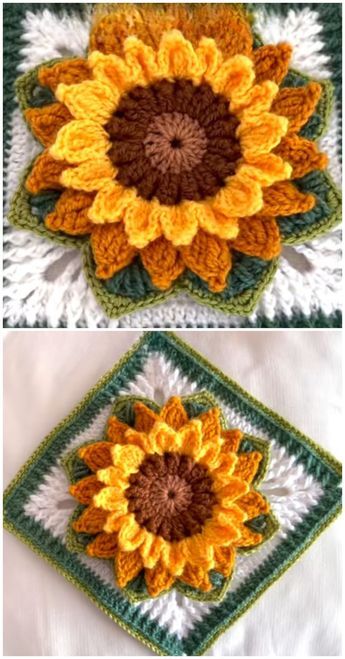 Super Beautiful Flower Square Crochet Spider, Crazy Crochet, Granny Square Crochet Patterns Free, Crochet Flowers Free Pattern, Crochet Sunflower, Knit Ideas, Simple Crochet, Crochet Fall, Crochet Granny Squares