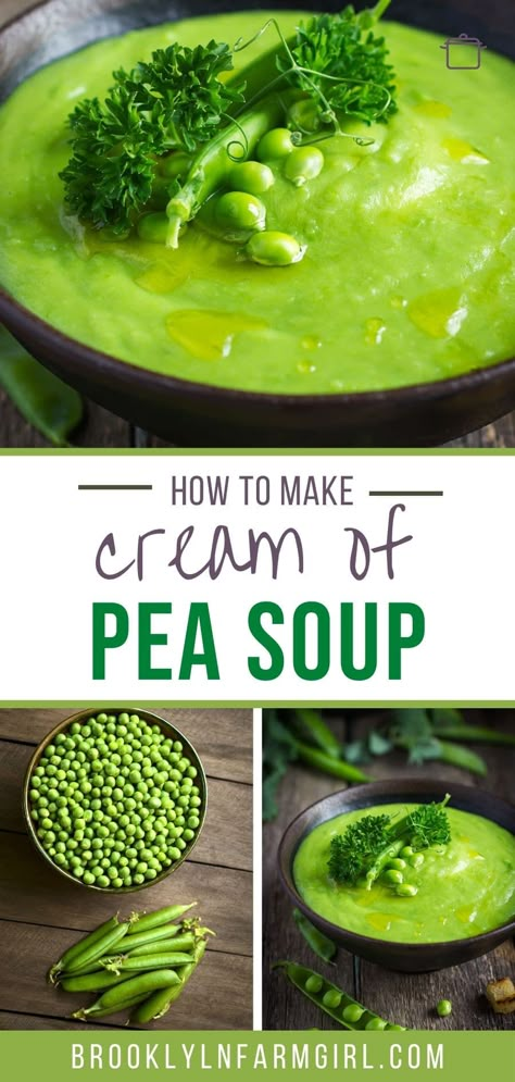 Velvety smooth cream of pea soup recipe using fresh or frozen peas. This beautiful green soup is creamy, healthy and easy to make on the stove top! Green Peas Recipes, Simple Soups, Green Pea Soup, Pea Soup Recipe, Creamy Peas, Cream Soup Recipes, Creamed Peas, Summer Soup, Green Soup