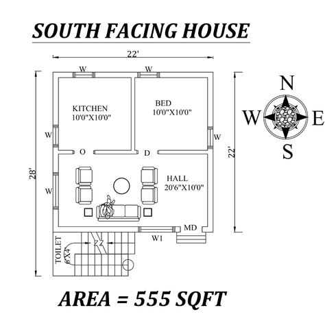 22'x28' Beautiful 1BHK South Facing Tiny House Plan As Per Vasthu Shastra, Autocad DWG File Details - Cadbull 700sqft House Floor Plans, 1bhk House Plan, 600 Sq Ft House Plans, 600 Sq Ft House, Civil Drawing, 20x30 House Plans, South Facing House, North Facing House, Dress Png