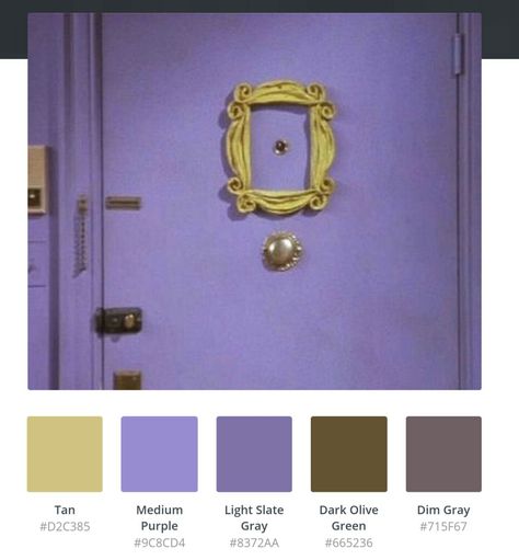 Color Palette: Monica's Apartment Monica’s Apartment Decor, Friends Monica’s Apartment, Friends Inspired Door, Monica’s Door, Friends Themed House, Friends Tv Show Color Palette, Monica’s Apartment, Friends Bedroom Theme, Friends Color Palette