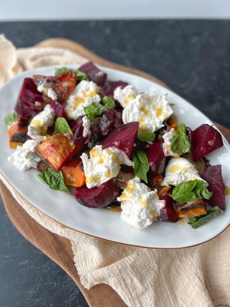 Roasted Beet & Sweet Potato Salad with Creamy Burrata Roasted Beets And Sweet Potatoes Recipe, Beet Sweet Potato, Roasted Salad, Sweet Potato Salad, Roasted Beet Salad, Burrata Salad, Warm Salad, Beet Recipes, Vegetarian Salads