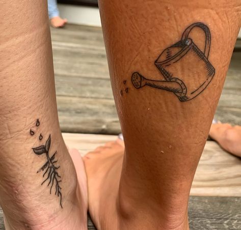 Watering can and sprout Self Love Watering Can Tattoo, Watering Can And Flower Tattoo, Flower Watering Can Tattoo, Water Jug Tattoo, Tattoos For Gardeners, Rain Boot Tattoo, Water Can Tattoo, Watering Plants Tattoo, Homesteading Tattoo