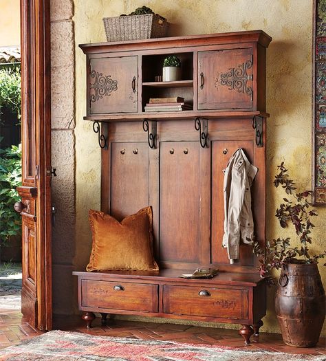 Portofino Hall Tree Antique Hall Tree, Hall Tree Bench, Entryway Hall Tree, Tuscan Design, Tuscan House, Foyer Decorating, Tuscan Decorating, Hall Tree, Building Ideas