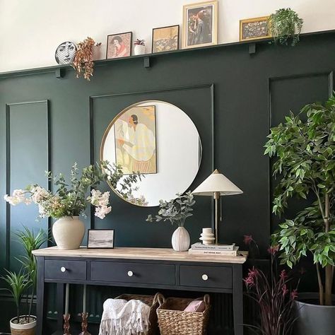 Lick on Instagram: "Home inspiration: 4 different ways to decorate your hallway🚪 1. Opt for a rich and welcoming shade on traditional panelling - a timeless combination! As seen with #Green06 in @edwardian_property_parade's home. 2. Draw the eye down narrow hallways and add character by painting the ceiling and furthest wall. As seen with #Greige01 by @theinteriorfox (Photo: @vr_interior_photography). 3. Use a complementing colour palette of green and pink with black accents, seen here with Dark Green Hallway, Painting The Ceiling, Hallway Colour Schemes, Green Salon, Neutral Colour Scheme, Green Hallway Ideas, Panels Design, Narrow Hallways, Green Wall Color