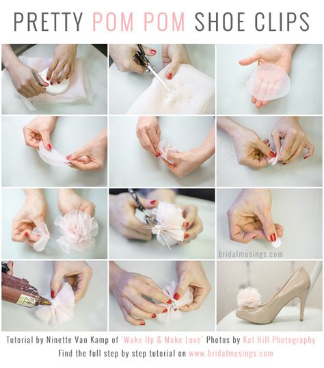 DIY Shoe Clips: Chiffon Pom Poms | photos by http://www.kat-hill.com/  Full tutorial here: http://bridalmusings.com/2013/08/diy-shoe-clips-pom-poms-chiffon-wedding-shoes/ Diy Heels, Shoe Makeover, Shoe Decorations, Diy Shoe, Shoe Ideas, Shoes Hack, Diy Vetement, Bridal Musings, Crafts Workshop