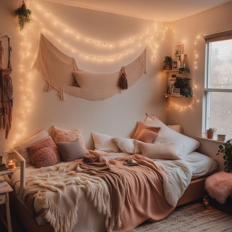 A cozy bedroom featuring bohemian style with warm tones, macramé, and textured textiles for a serene ambiance. - cozy bedroom, warm tones, bohemian style, textured textiles, macramé, string lights, natural decor, blush and cream, serene ambiance Cozy Boho Room, Shelves With Plants, Cozy Bohemian Bedroom, Boho Room Ideas, Cozy Bohemian, Textured Throw Blanket, Wellness Room, Cozy Bedroom Design, Bohemian Style Decor