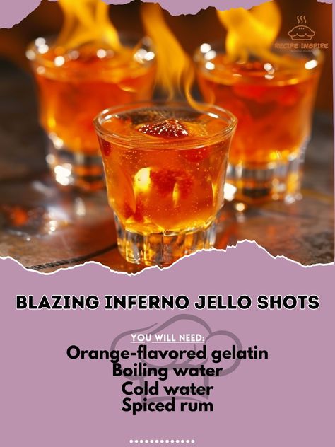 🔥 Turn up the heat with Blazing Inferno Jello Shots! 🍹✨ #BlazingJelloShots #PartyShots Blazing Inferno Jello Shots Ingredients: Orange-flavored gelatin (1 package) Boiling water (1 cup) Cold water (1/2 cup) Spiced rum (1/2 cup) Dash of hot sauce Red chili flakes (for garnish) Instructions: Dissolve orange gelatin in boiling water. Add cold water, spiced rum, and a dash of hot sauce. Pour into shot glasses and refrigerate until set. Garnish with red chili flakes before serving. Enjoy the f... Spicy Jello Shots, Alcoholic Jello Shots, Jelly Shots, Alcoholic Desserts, Cocktail Party Food, Red Chili Flakes, Yummy Alcoholic Drinks, Jello Shots, Sweet Snacks Recipes