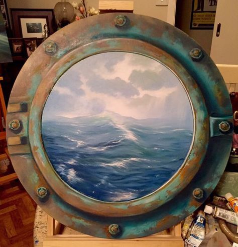 Port Hole Painting, Circle Canvas Oil Painting, Circle Window Painting, Porthole Painting, Ocean Scene Painting, Nautical Art Painting, New Art Ideas, Circle Canvas Art, Circle Canvas Painting