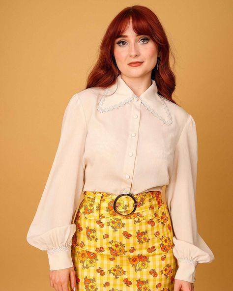 A closer look at our new Marianne blouse! Perfect to layer under your pinafores or pair with a skirt for an effortless retro look 🌼 Flower Tips, Vintage Suede, Bygone Era, Suede Skirt, Mod Fashion, Flower Detail, 70s Inspired, Weekend Wear, Collar Blouse