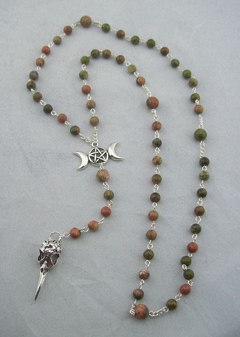 Unakite, Jasper, Pagan Prayer Beads, Raven Skull, Meditation Beads, Ritual Beads, Goddess, Angelminks, Necklace, Prayer Beads, Magic, Magick by Angelminks on Etsy Handmade Spiritual Rosary With Cross, Handmade Spiritual Rosary, Handmade Spiritual Silver Rosary, Spiritual Silver Cross Rosary, Prayer Beads Diy, Pagan Rosary, Adjustable Silver Rosary With Black Beads, Wicca Wand, Pagan Calendar