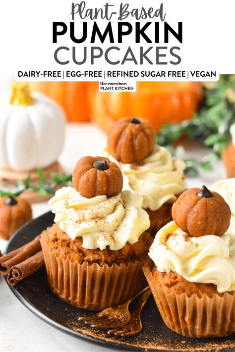 Vegan Halloween Cupcakes, Vegan Pumpkin Cupcakes, Daycare Treats, Pumpkin Shaped Cake, Vegan Cupcake Recipes, Vegan Cupcake, Vanilla Frosting Recipes, Pumpkin Truffles, Dairy Free Frosting