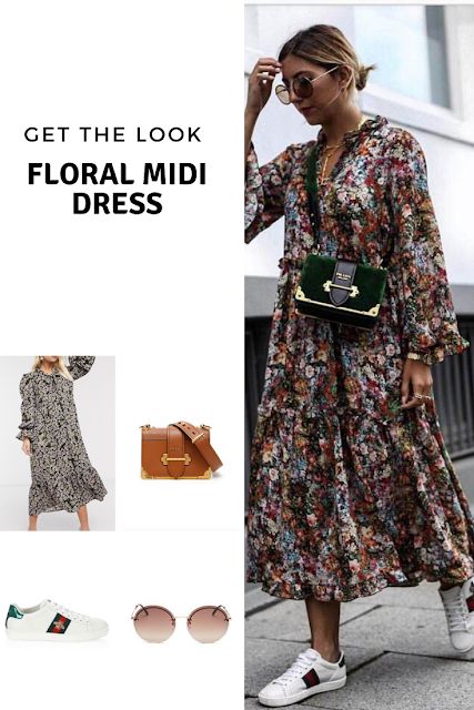 Get the look: floral midi dress - Cheryl Shops Midi Dress Sneakers Outfit, Midi Dress Outfit Spring, Floral Midi Dress Outfit, Midi Dress Sneakers, Tuesday Outfit, Eclectic Fashion Style, Dress And Sneakers Outfit, Midi Dress Outfit, Baggy Dresses