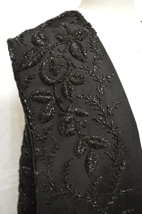 Black bead embroidery....very fashionable in the 1880s! Collection: Royal Pump Room/Harrogate Museums. Black Cutdana Embroidery, Black Beading Embroidery, Black Beads Embroidery, Black On Black Embroidery Ideas, Black Embroidery Designs, Black Bead Embroidery, Black On Black Embroidery, Royal Embroidery, Clothing Embroidery