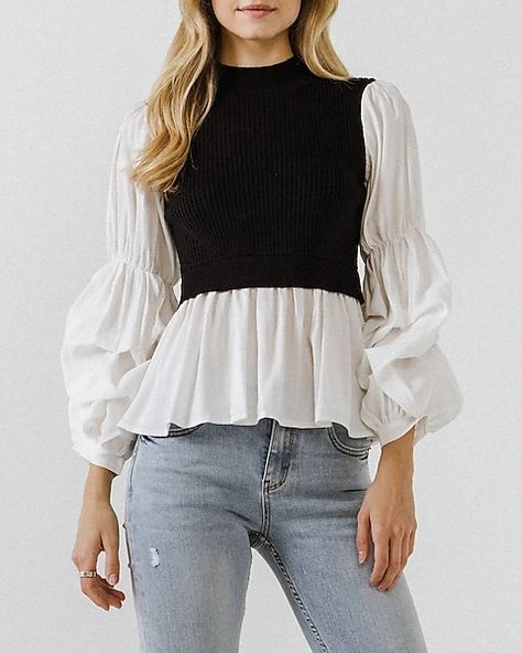 English Factory Knit Woven Combo Top | Express English Factory, Balloon Sleeve Blouse, Casual Night Out, Peplum Hem, Puffy Sleeves, Woven Top, Lantern Sleeves, Long Sleeve Knit, Trend Setter