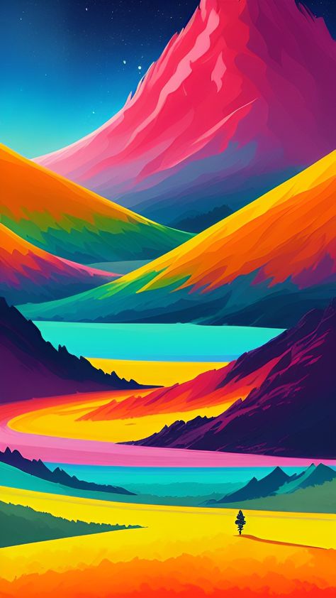 Color Block Landscape, Neon Landscape Painting, Abstract Mountain Wallpaper, Neon Landscape Wallpaper, Trippy Mountain Drawing, Trippy Landscape Wallpaper, Black Background Painting, Iphone Wallpaper Video, Black Canvas Paintings