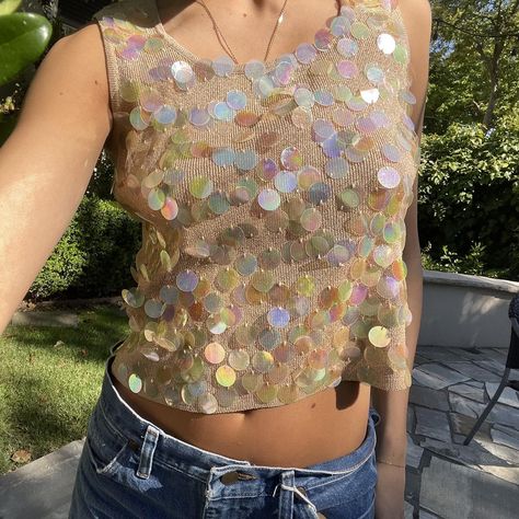 Gold sparkly sequin tank top Large circular sequins... - Depop Sequin Tank Top, Chunky Sequin Top, Crochet Sequin Top, Sequin Crochet Top, Sequin Crochet, Sequin Tank Top Outfit, Y2k Sequin Top, Vintage Sequin Top Outfit, Sparkly Top Outfit