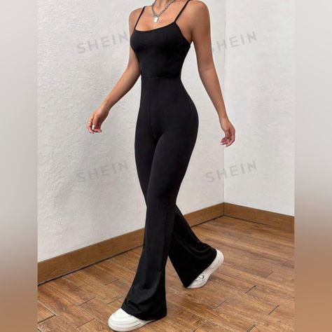 Solid Flare Leg Cami Jumpsuit Runs A Little Big Medium Stretch 95% Polyester, 5% Elastane White Flare Pants, Flair Pants, Wide Leg Lounge Pants, Flower Pants, Flare Yoga Pants, Cami Jumpsuit, White Flares, Flare Jumpsuit, Flared Leggings