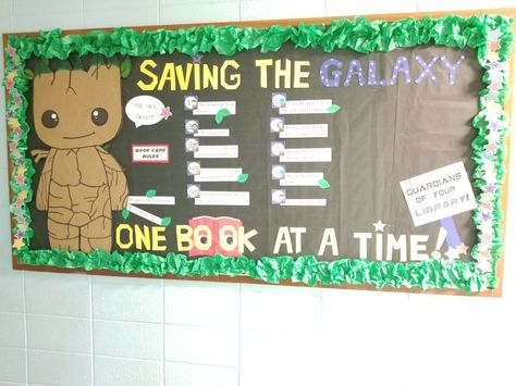 Book care "Guardians  of the Library" Groot Bulletin Board, Guardians Of The Galaxy Bulletin Board, Guardians Of The Galaxy Classroom Theme, Marvel Classroom Theme, Marvel Classroom, Galaxy Classroom, Hero Bulletin Board, Superhero Bulletin Boards, Superhero Class