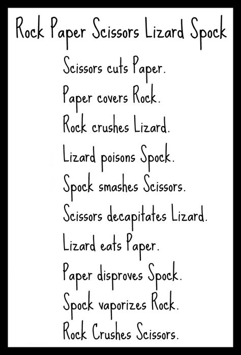 Rock paper scissors lizard spock Rock Paper Scissors Lizard Spock, Rock Paper Scissors Lizard Spock Rules, The Legend Of Rock Paper Scissors Craft, Legend Of Rock Paper Scissors Activities, Rock Paper Scissors Reference, Lizard Spock, Door Games, The Big Band Theory, The Bigbang Theory