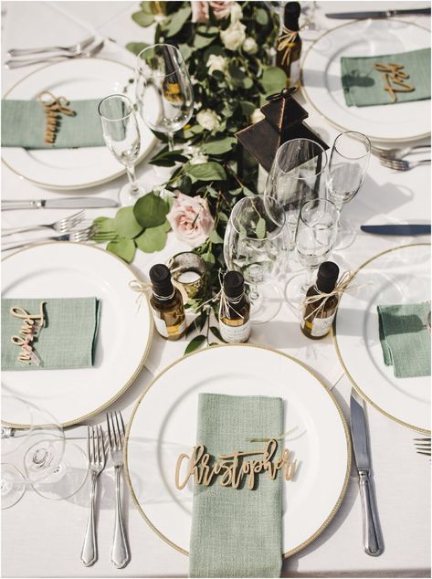 Name On Plate Wedding, Gold Rimmed Plate Table Setting, Mint Green Table Setting, Names On Plates Wedding, Name Plates For Wedding Table Settings, Sage Green And Gold Wedding Place Settings, Wedding With Green Accents, Sage Green Dinner Setting, White And Sage Wedding Table Setting