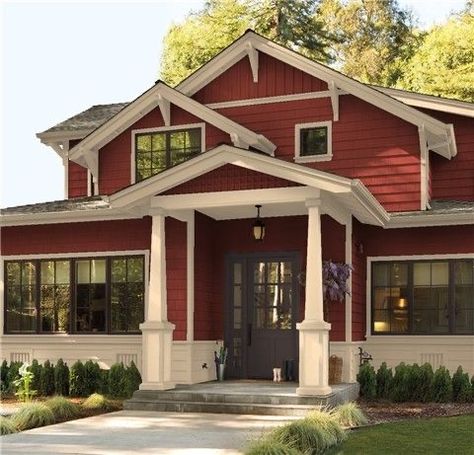 Red Siding House Exterior, Gloucester Sage, Red House Exterior, Brown House Exterior, Best Exterior House Paint, Benjamin Moore Exterior, Red Houses, House Paint Color Combination, Exterior House Color