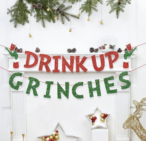 .: Christmas Party Banner Christmas Grinch Decorations, Red Green Christmas Tree, Drink Up Grinches, Grinch Decorations, Grinch Christmas Party, Decorated Stockings, Holiday Party Themes, Grinch Party, Grinch Christmas Decorations