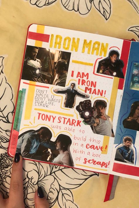 iron man (2008) page in my mcu journal Avengers Journal Ideas, Marvel Journal Page, Marvel Scrapbook Ideas, Marvel Journal Ideas, Avengers Journal, Interactive Art Ideas, Marvel Scrapbook, Marvel Journal, Iron Man Theme