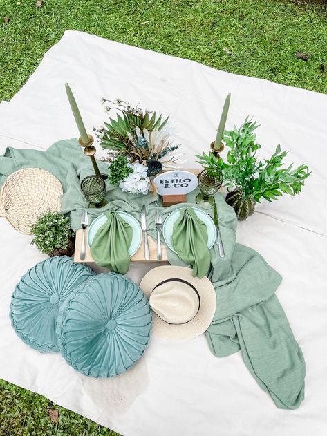 Green Theme Picnic, Outdoor Picnic Table Decor, Glamping Picnic, Luxury Picnic Setup, Glam Picnic, Picnic Themes, Luxe Picnic, Picnic Business, Beach Picnic Party