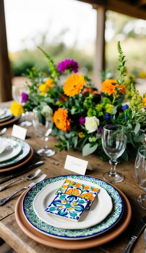 22 Hacienda-Style Wedding Ideas - WithLoveLive Hacienda Wedding Cake, Mexican Wedding Aesthetic, Tile Place Cards, Mexican Wedding Decorations, Talavera Wedding, Hacienda Wedding, Talavera Tile, Talavera Pottery, Hacienda Style