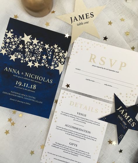 Celestial wedding stationery collection, dark blue watercolour and pale gold, from www.lettersfromemily.com. Collection includes wedding invitations, details cards, rsvp, place names, table numbers, seating plans, menus and save the dates. All of my ready made collections are customisable and I also offer a completely bespoke service. Foiling options are also available. Blue And Silver Invitations, Wedding Blue And Silver, Silver Invitations, Table Place Names, Mermaid Bride, Watercolour Background, Silver Invitation, String Lights Wedding, Celestial Wedding