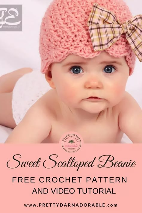 Crochet Baby Hat 4 Sizes Included - Sweet Scalloped Beanie Crochet Baby Hats Girl, Crochet Baby Hats Free Pattern, Baby Hat Free Pattern, Girls Crochet Hats, Crochet Baby Gifts, Beanie Hat Pattern, Crochet Baby Hat Patterns, Baby Hat Patterns, Crochet Hat Free