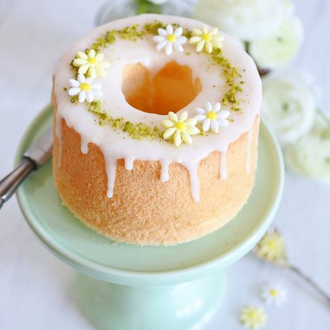 Mint lemon chiffon cake with daisy sugar flowers...Perfect welcome to spring lighter dessert tastes Chiffon Decorations Cake, Chiffon Cake Decoration Ideas, Chiffon Cake Design, Chiffon Cake Decoration, Mini Chiffon Cake, Lemon Chiffon Cake, Mini Bundt Cakes, Lemon Chiffon, Light Desserts