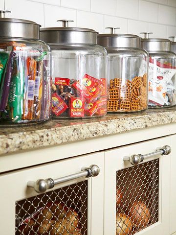 Oooo . . . wire-front drawers.  I like it!  (Those pulls are pretty fab, too.)  The potatoes and onions should be futher apart, though, as they hasten each others' ripening & spoilage. #kitchen Farm Kitchen Ideas, Snack Drawer, Office Desk Organization, Drawer Ideas, Snack Station, Office Snacks, Snack Organizer, Fun Organization, Snack Bars