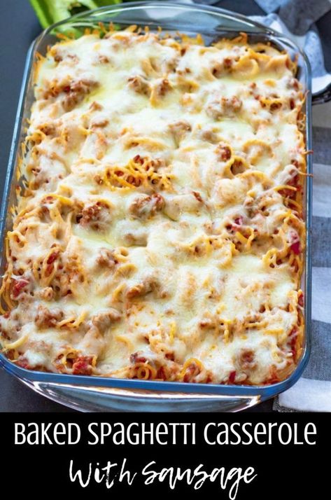 Baked Spaghetti Casserole With Sausage is an easy and delicious dinner option the whole family will love. It's perfect to feed a crowd and it's budget friendly!  www.thisolemom.com #easyrecipe #easyrecipesfordinnercheap #spagetti #casserole #potluck #sausage #cheese #supper #bakedspaghetti Casserole Potluck, Casserole With Sausage, Easy Pasta Dinner Recipes, Baked Spaghetti Casserole, Baked Spaghetti Recipe, Sausage Spaghetti, Easy Pasta Dinner, Spaghetti Casserole, Sausage Bake