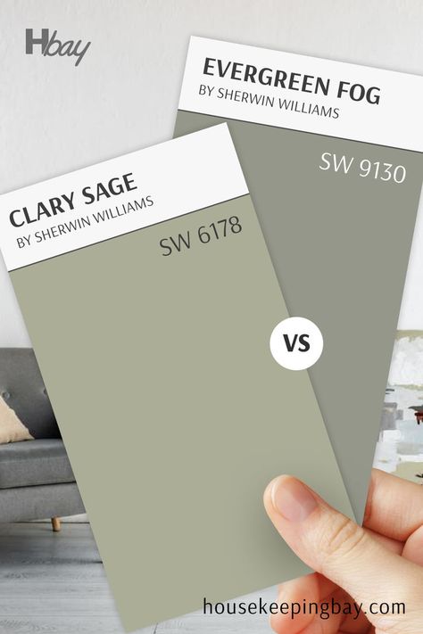 The image shows two Sherwin Williams paint swatches being compared. The swatch on the left is labeled "Clary Sage" with the code SW 6178, while the swatch on the right is labeled "Evergreen Fog" with the code SW 9130. Both are shades of muted green, with Clary Sage appearing as a lighter and warmer green compared to the more subdued and slightly gray-toned Evergreen Fog. Between the two swatches, there is a white circle with "VS" indicating a comparison. Evergreen Fog Vs Clary Sage, Clary Sage Kitchen, Sage Kitchen Walls, Sw Clary Sage, Clary Sage Sherwin Williams, Evergreen Fog, Different Vibes, Kitchen Refresh, New House - Kitchen