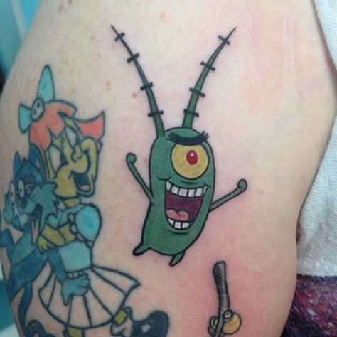 Plankton Tattoo, Plankton Spongebob, Tato Naruto, Spongebob Tattoo, Spongebob Cartoon, Cartoon Tattoo, Epic Tattoo, Theme Tattoo, Modern Tattoos