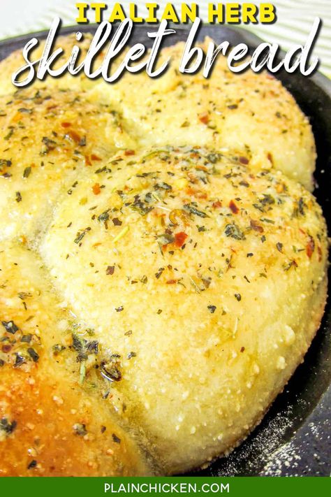 Italian Herb Skillet Bread - Super easy garlic bread that tastes AMAZING! Only a few simple ingredients - frozen bread dough, butter, Italian herb blend, and parmesan cheese - SO good. I could literally eat the entire pan myself! Can easily double the recipe for a crowd. #bread #frozenbread #rolls #garlicbread Garlic Butter Noodles, Recipe For A Crowd, Frozen Dinner Rolls, Skillet Bread, Slow Cooker Spaghetti, Frozen Rolls, Frozen Bread Dough, Easy Main Dishes, Spaghetti Casserole