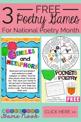 3 FREE poetry games from The Classroom Game Nook.  These work great for your literacy centers this month during National Poetry Month (www.classroomgamenook.blogspot.com) Poetry Month Activities, Game Nook, Elementary Poetry, Poetry Elements, Library Centers, Poetry Activities, Similes And Metaphors, Poetry Unit, Teaching Poetry