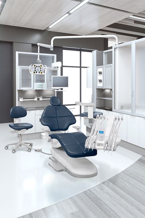 Dental Chair Colors, Dental Chair Design, Blue Dental Clinic, Clinic Aesthetic, Dental Room, Dental Design Interior, Doctor Office Design, Dentistry Office, Dentist Office Design