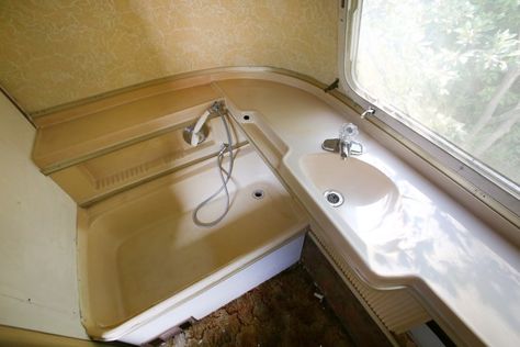 Airstream Bathroom Remodel | Before & After – Mavis the Airstream Shower Wood Floor, Airstream Bathroom, Motorhome Remodel, Trailer Renovation, Modular Bathrooms, Camper Interior Design, Airstream Remodel, Airstream Interior, Airstream Renovation