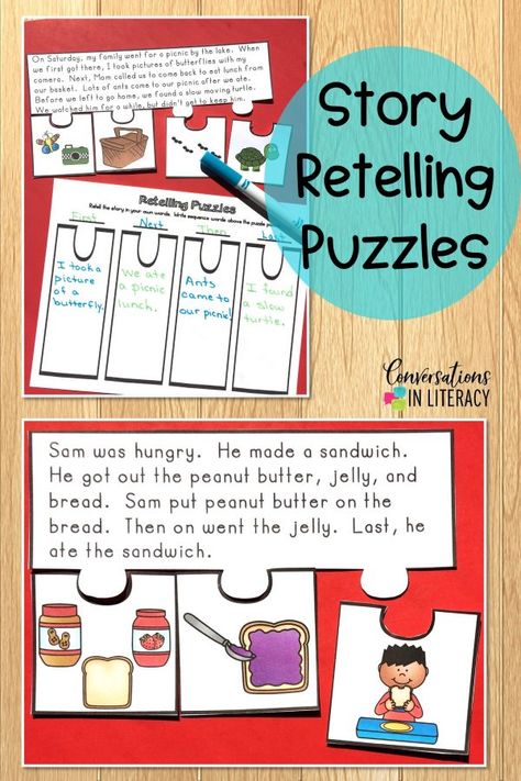 Comprehension retelling activity using short stories and puzzles for elementary students in the classroom as they practice retelling.  Great worksheet alternative and for literacy centers! #comprehension #guidedreading #elementaryteacher #elementary #classroom #literacycenter #conversationsinliteracy #kindergarten #firstgrade #secondgrade  #thirdgrade kindergarten, 1st grade, 2nd grade, 3rd grade Story Worksheet, Retelling Activities, Story Retelling, Small Group Reading, Story Retell, Comprehension Strategies, 2nd Grade Reading, Reading Comprehension Activities, First Grade Reading