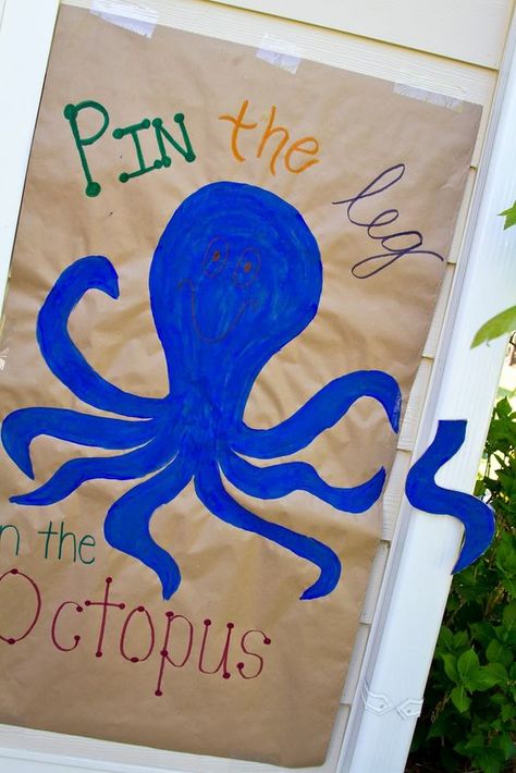 Under the Sea party games. Pin the leg on the octopus - Underwater Themed Party - @stumpsparty: Under The Sea Party Games, Underwater Birthday, Underwater Party, Camping Colorado, Sea Party Ideas, Ocean Birthday Party, Ocean Birthday, Ocean Party, Mermaid Under The Sea